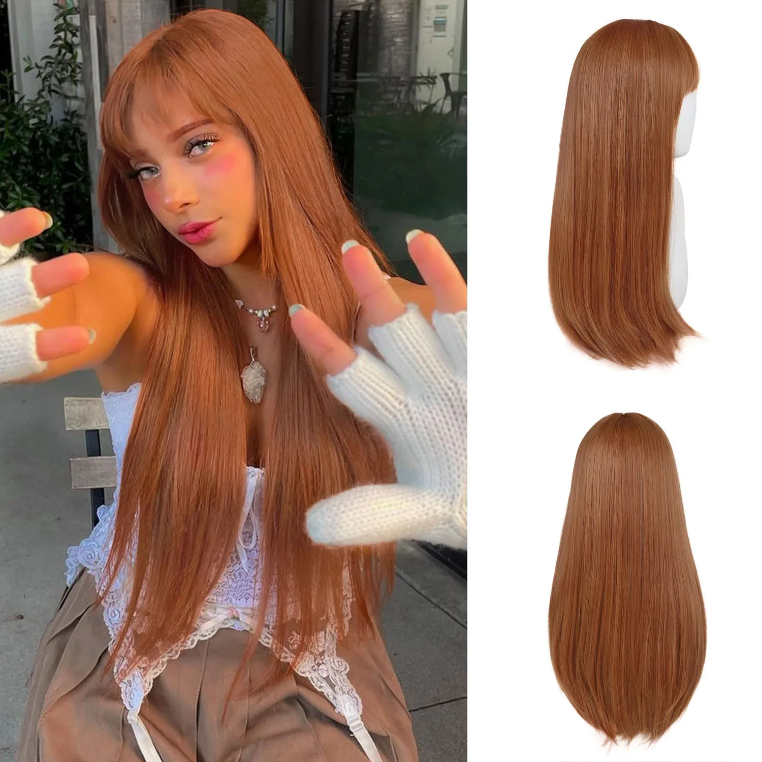 

Парик оранжевого цвета с челкой, синтетические 24-дюймовые длинные прямые парики для женщин, повседневный парик для косплея, женский костюм Drag Queen на Хэллоуин
