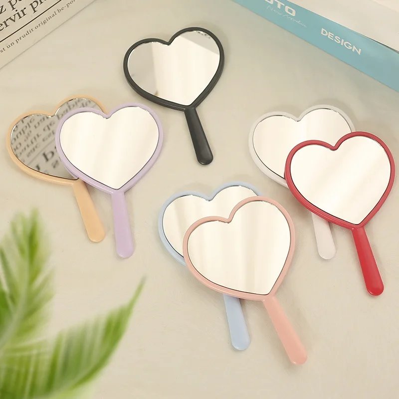 Girls Cute Heart-shaped Makeup Mirror Portable Wooden Handle Mirror Simple Irregular Single-sided Dressing Mirror