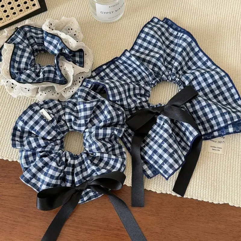 

Blue plaid four-corner square scarf headband, large intestine hair band, oversized head flower