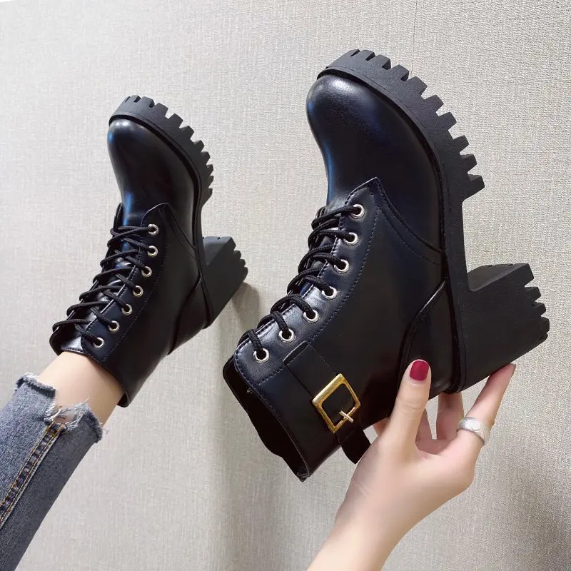 

Spring Autumn Women Fashion Platform Boots 2025 Ankle Boots High Heel Motorcycle Boots Lace Up Non-slip Zapatos De Mujer 35-40