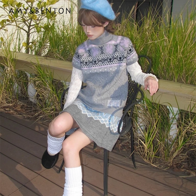 

New Year Clothing 2025 Autumn Winter High Neck Gray Women's Sweater Japanese Retro Design Knitted Wool A-line Skirts Set Ladies