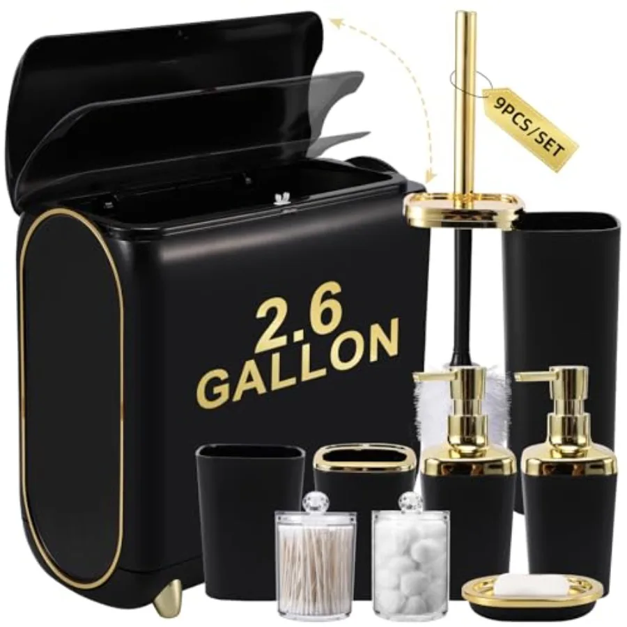 

Набор аксессуаров для ванной комнаты из 10 предметов и золотой набор для ванной с узким мусорным ведром, дозатором для мыла, ершиком для унитаза