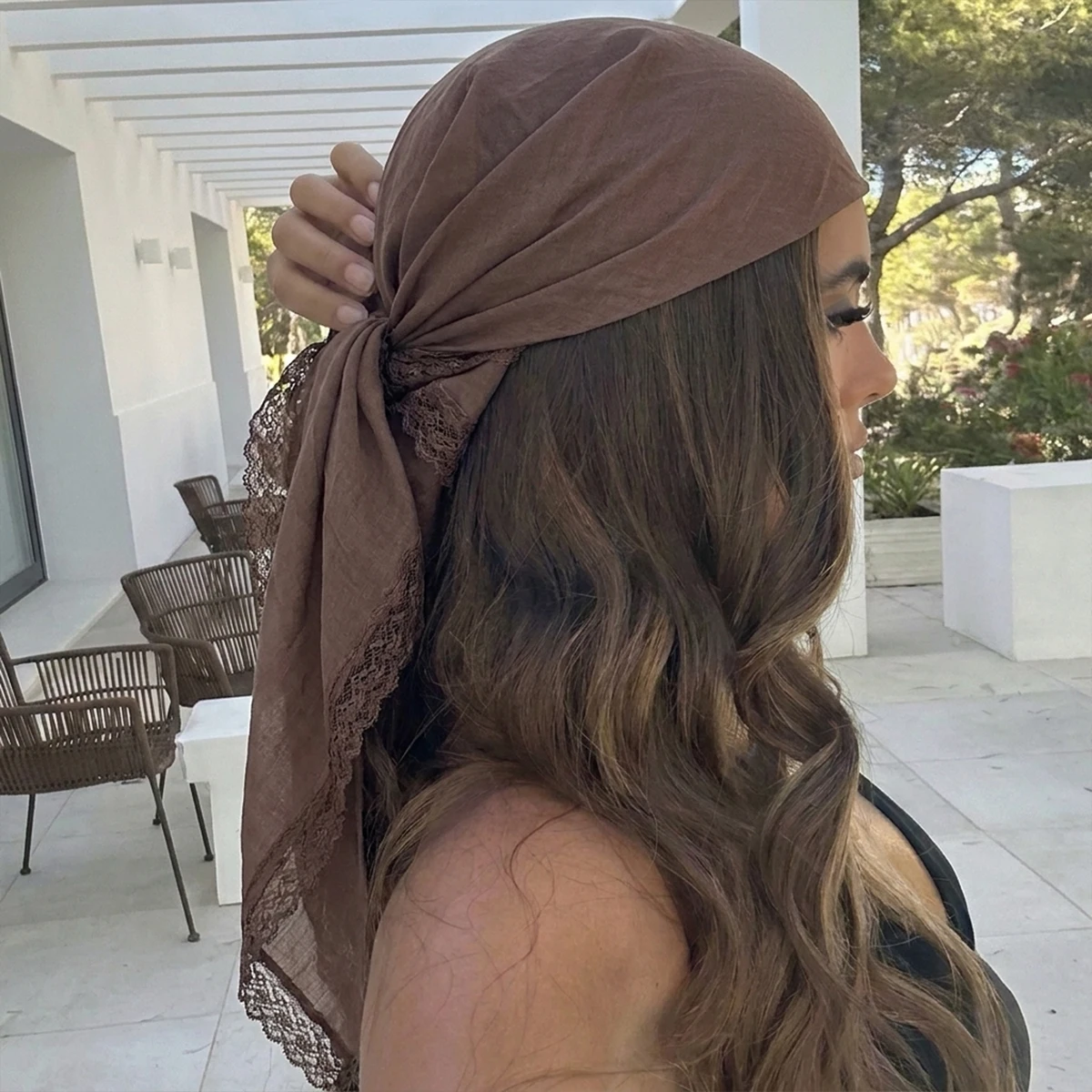 110Cm Lace Trim Square Scarf Women Lightweight Bandana Summer Beach Turban Wrap Muslim Hijab Multi-Use Headscarf and Shawl