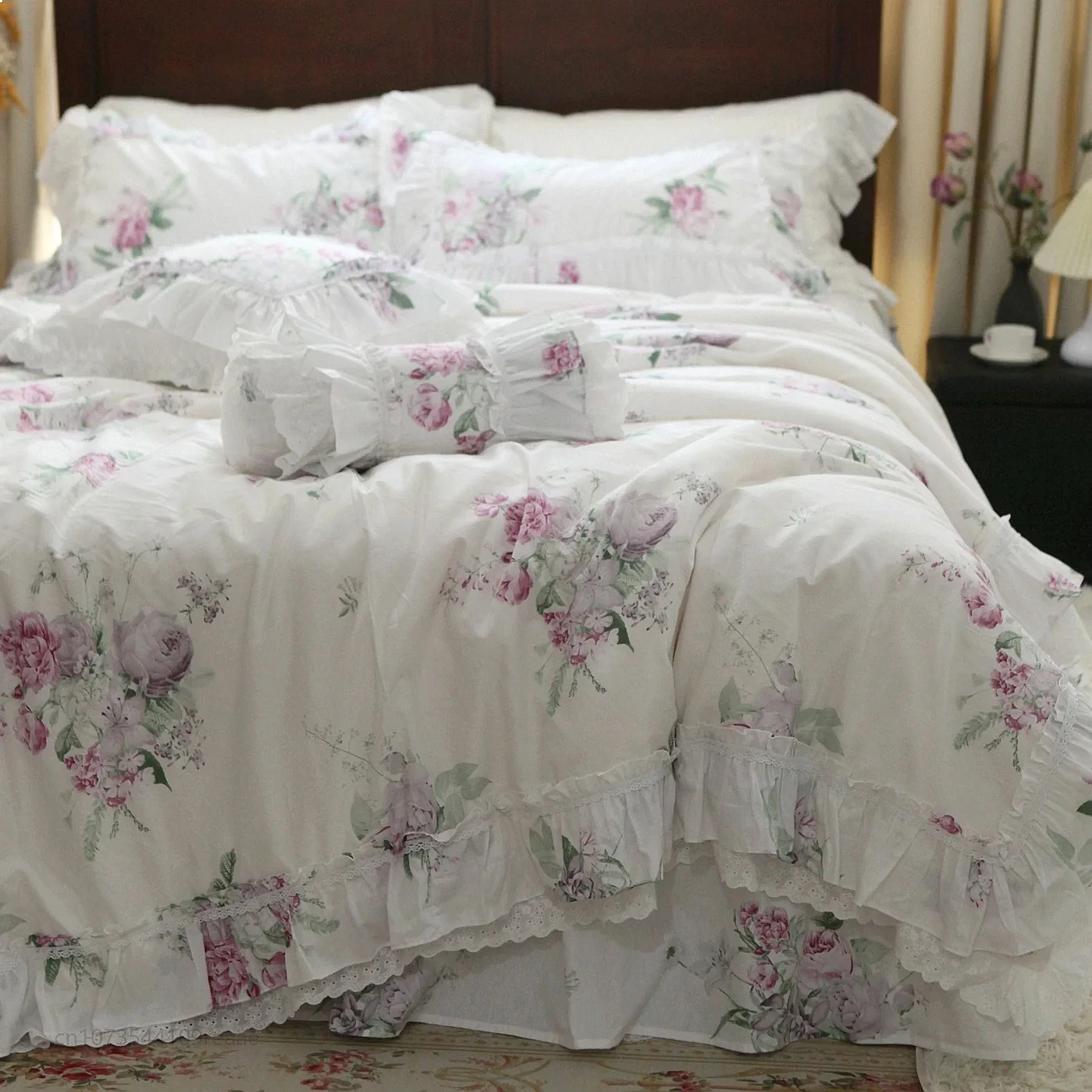 Sabela Garden French Korean Princess Lace Cotton Bed Skirt Set 4Pcs