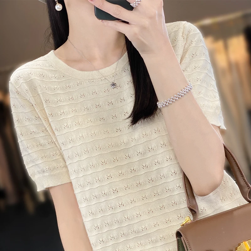 2023 Summer New 100% Cotton Knitted Short Sleeve Women\'s Thin Hollow Loose Large Size T-shirt Round Neck Solid Half Sleeve Top