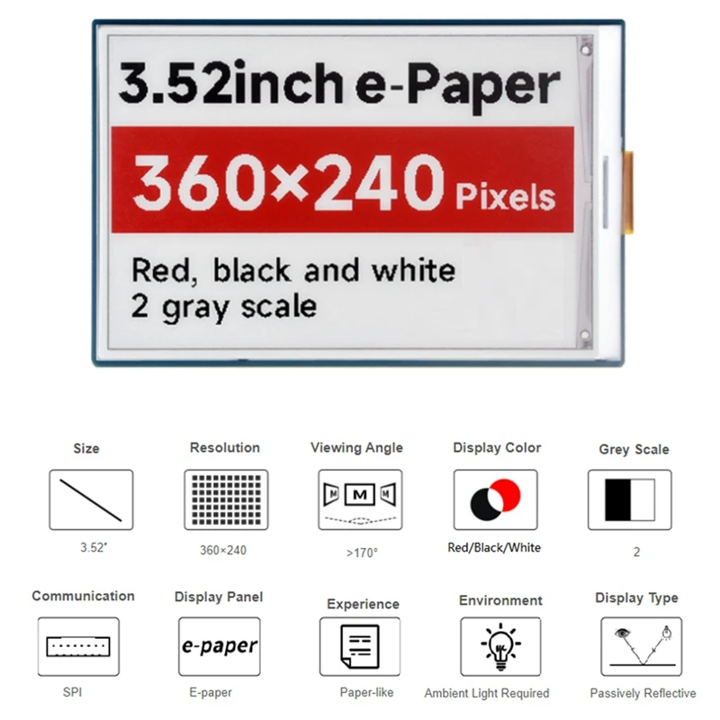 3,52 inch E-Paper HOED, 360 x 240, SPI-interface ideaal voor prijskaartjes, planklabels, industriële instrumenten