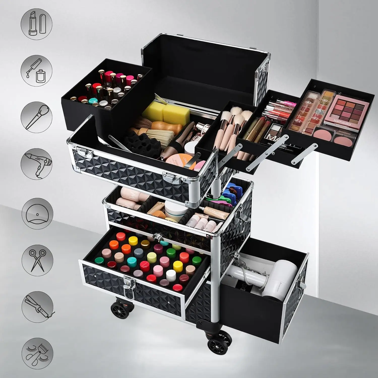 حقيبة مكياج كبيرة دوارة مع مقصورات قابلة للتعديل ودرج قابل للفصل وعجلات فرامل القدم للمنظمين المحترفين