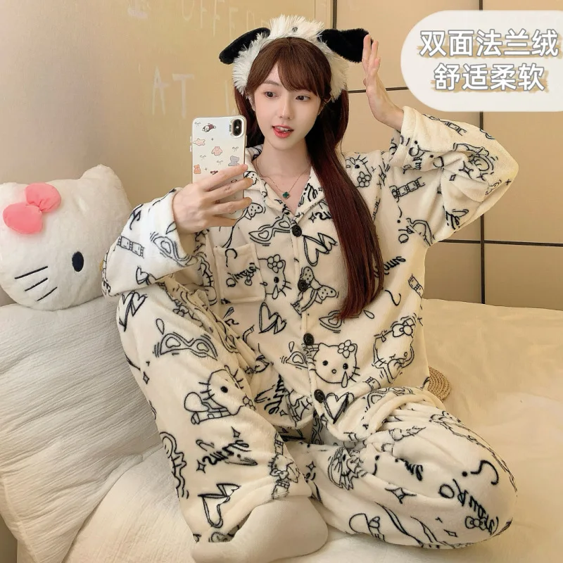 Зимний пижамный комплект с клетчатым принтом «Hello Kitty», новый пижамный костюм с героями мультфильмов, теплый корейский милый плюшевый домашний комплект Y2K, милая одежда для сна