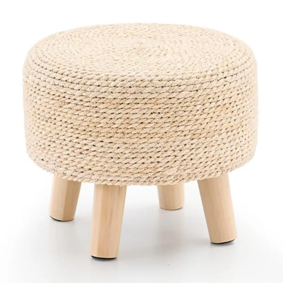 Round Feet Stool Seagrass Poufs Ottoman Hand Weave Footrest Stool for Couch Desk Extra Seat Step Stool with Solid Wood Legs for
