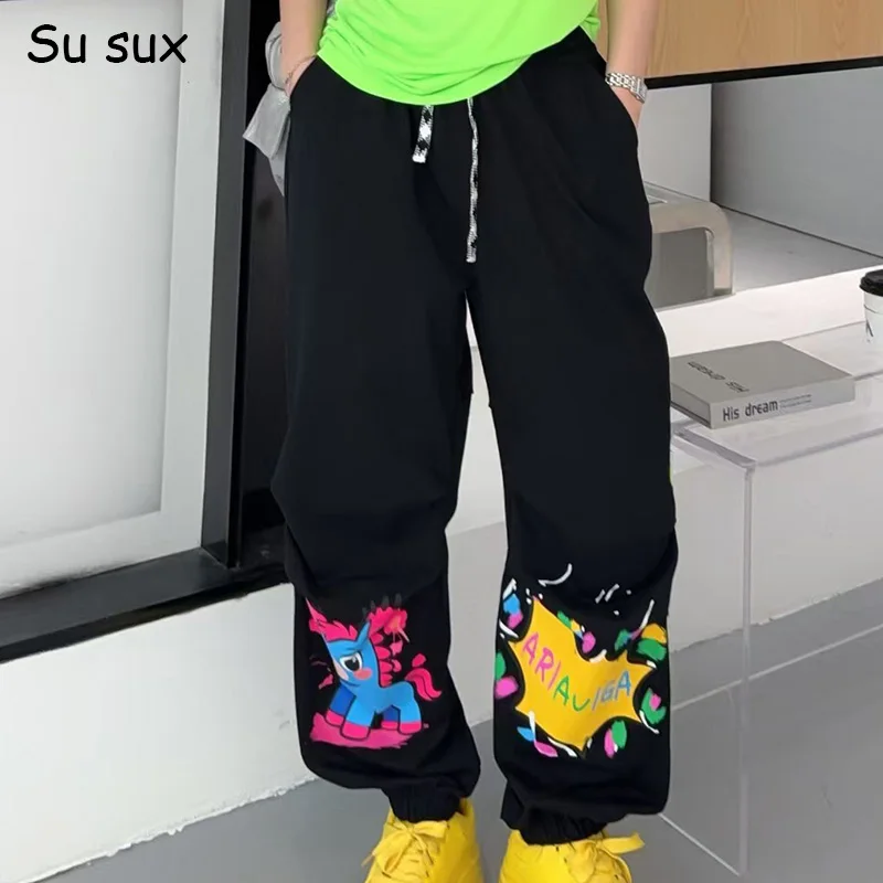 

Женские оверсайз брюки с карманами и мультяшным принтом пони, летняя одежда Y2K 2026, повседневные лоскутные спортивные штаны, длина 126 см, уличный стиль