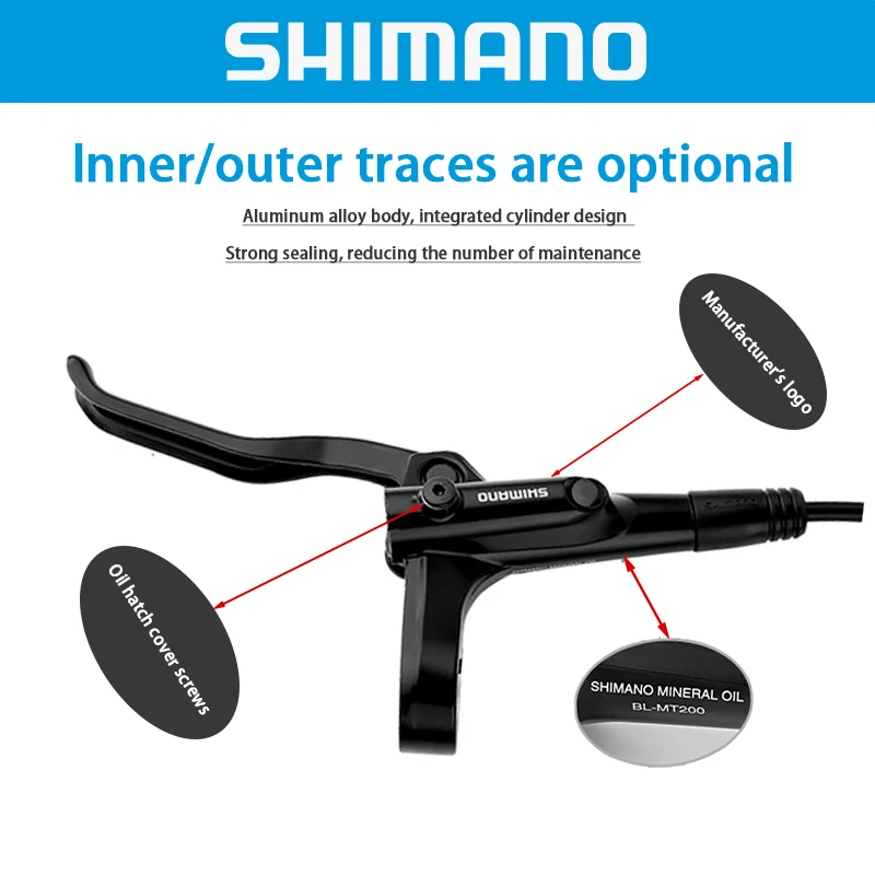 SHIMANO MT200 Öl-Scheibenbremsen-Set für MTB E-Bike, hydraulischer Hebel für vorne und hinten, Bremssattel-Set, 85cm/145cm Kabellänge, inklusive Bremsbeläge – Detail 2