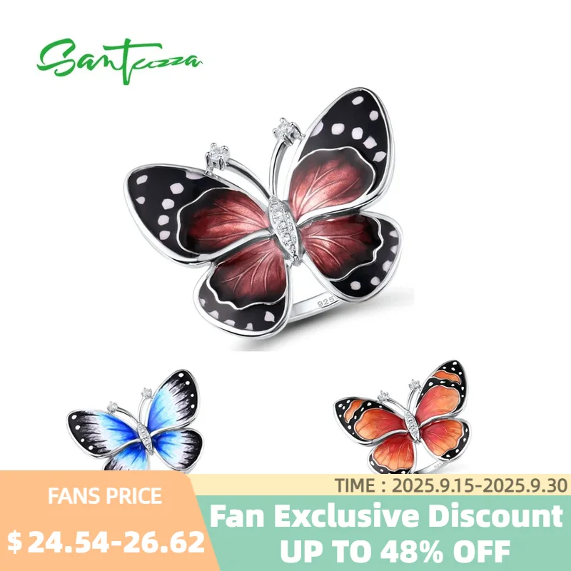 

SANTUZZA Genuine 925 Sterling Silver Rings For Women White CZ Black Red Blue Enamel Butterfly Gorgeous Fine Jewelry Handmade