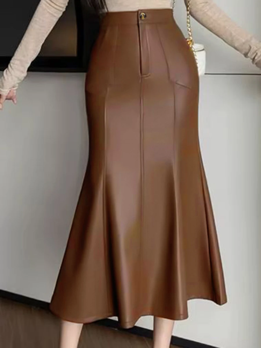 Women Leather Midi Skirt High Waist Elegant Vintage Mermaid Skirts Autumn Winter Brown Slim Trumpet Long Skirt Office Lady 2026