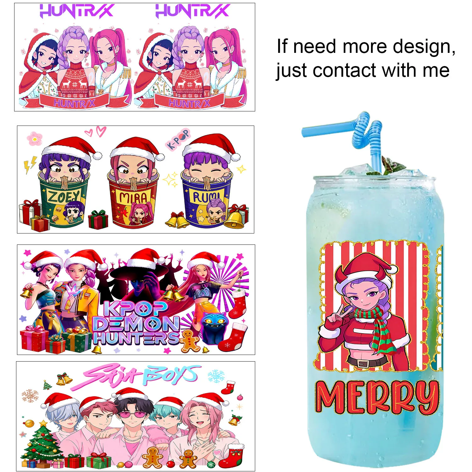 

Merry Christmas Vibe Kpop hunters easy peel waterproof DIY Decals 3D transfers uvdtf tumbler stickers 16oz uv dtf cup wraps