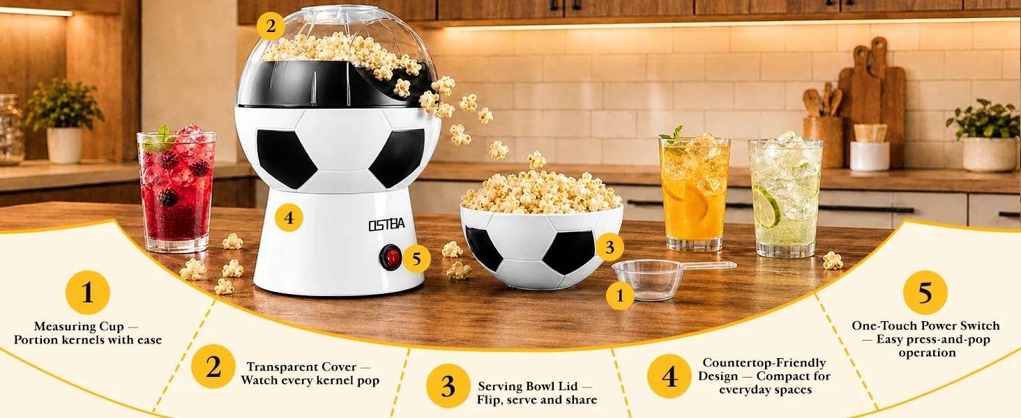 Popcorn Maker, 12-Cup Hot Air Popcorn Popper, Soccer Ball Design