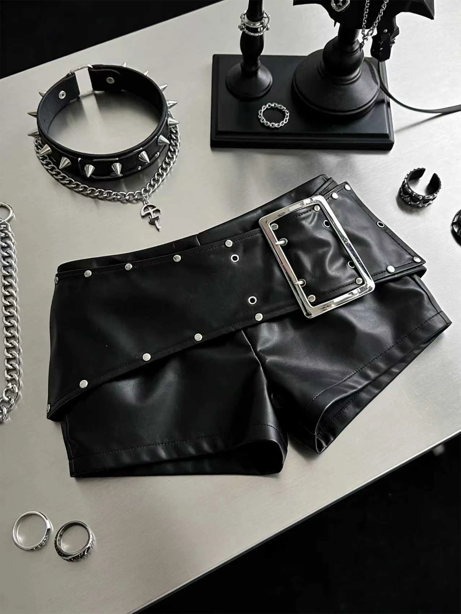 Women Black Gothic Emo Y2K Mini Shorts Sexy Wide Belt Leather Short Pants Low Waist Bodycon Shorts Micro Boot Short Summer 2026