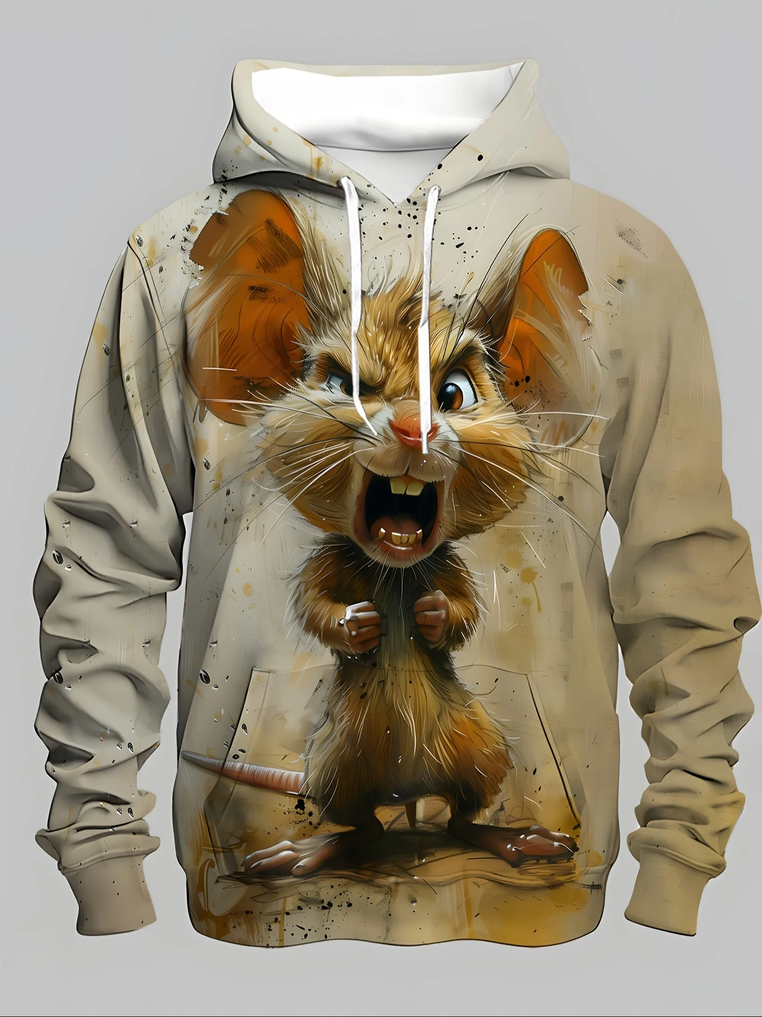 

Men's Casual Hoodie Fun Mouse Pattern Print, Breathable Beige Sweatshirt, Long-Sleeved Pullover Must-Have For Everyday Wear