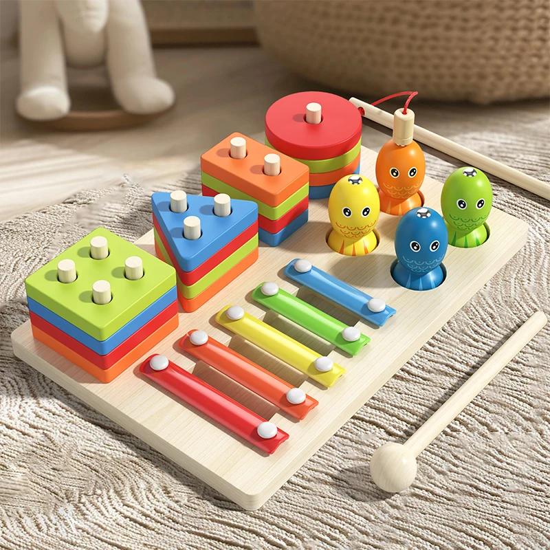 Montessori Toddler Color Sorting Toys 3-in-1 Wooden Shape Stacking Game Early Educational Colorful Learning Activity Blocks