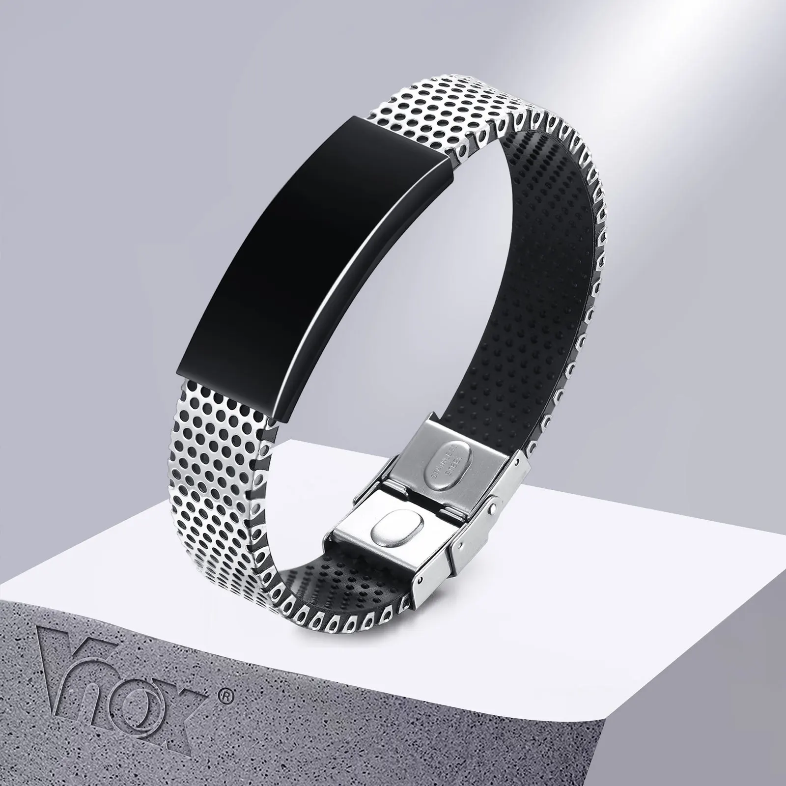 Vnox Customize Bracelets for Men Women, Stainless Steel Bangle with Mesh Band, Comfort Rubber Silicone Wristband, Gift for Him