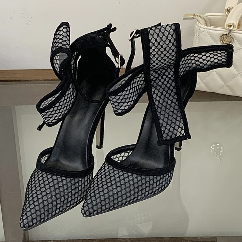 

Eilyken New Design Polka Dot Breathable Mesh Pointed Toe Women Pumps Fashion Buckle Strap Thin High Heels Shoes