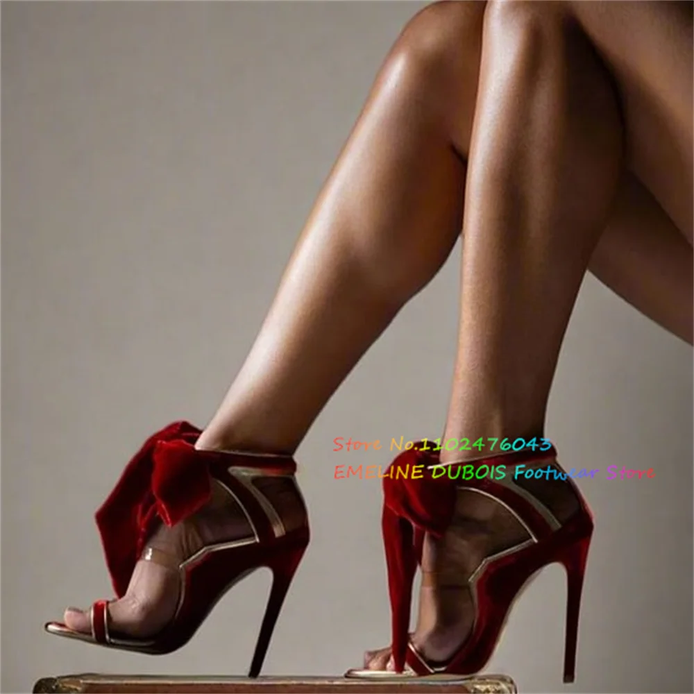 

Sexy Velvet Open Round Toe Tie-Up Bow Stiletto Heels Red Stiletto Heel Slingback Strappy High Heel Summer Banquet Dress Shoes