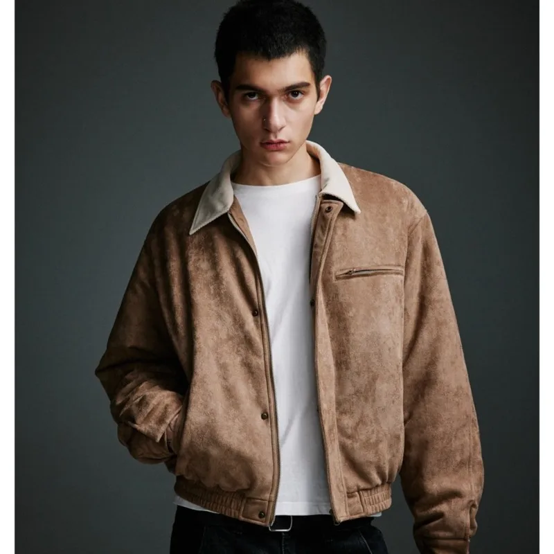 

Thickened Suede Men's Workwear Jacket, Stand-Collar Color-Block Padded Mans Parkas, American Retro Winter Coats For Man