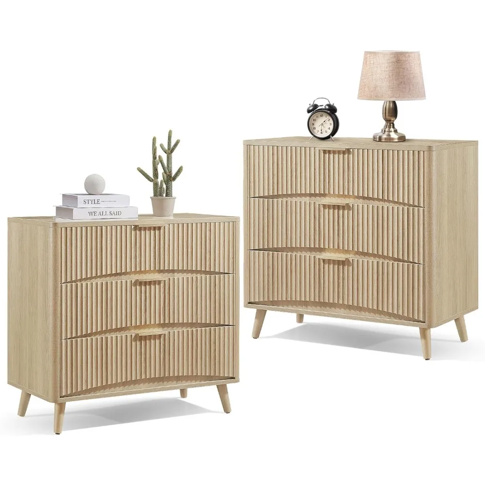

Large Fluted Nightstands Set of 2, 31.5W×29“H 3 Drawer Light Wood Night Stand Bedside Table, Mid Century Modern Small Dresser fo