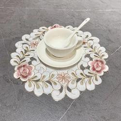 Satin Rose Flower Embroidery Place Table Mat Cloth Pad Cup Doily Napkin Coaster New Year Placemat Christmas Wedding Kitchen