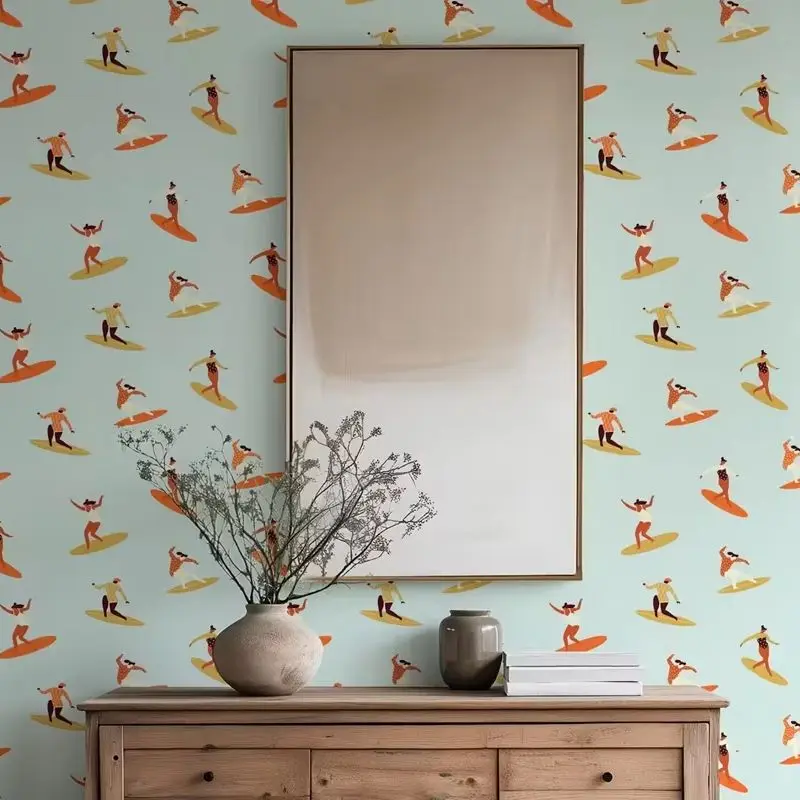 Surfer Girls Wallpaper Peel and Stick, 70s Style Beachy Surf Girl Wall Mural For Room Decor, Self-adhesive Or Traditional Papers
