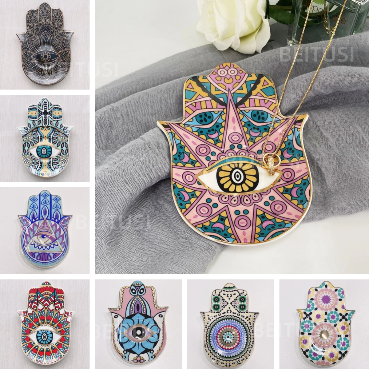 Hamsa Evil Eye Hand of Fatima HolderJewelry Trinket Ring Dish Ceramic  Key Ashtary Trinket Plate Bowl Small Boho Home Decor