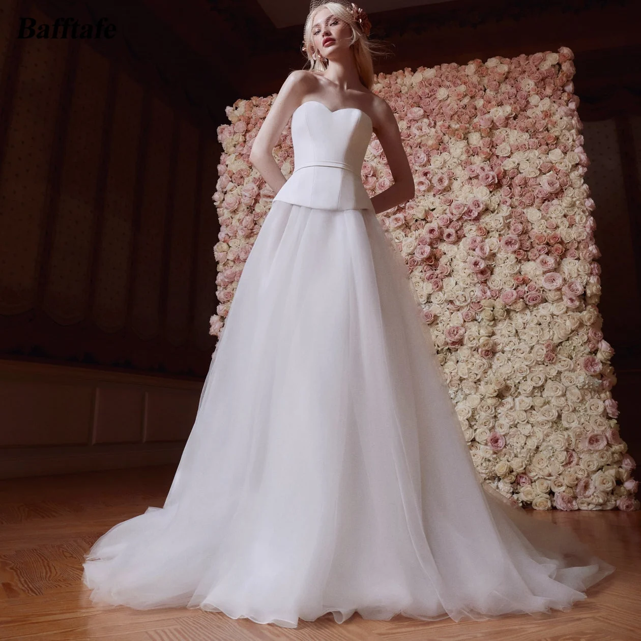 

Bafftafe Ivory A Line Customized Wedding Dresses Simple Bow Back Long Train Bridal Gowns Tulle Bride Wedding Photography Dress