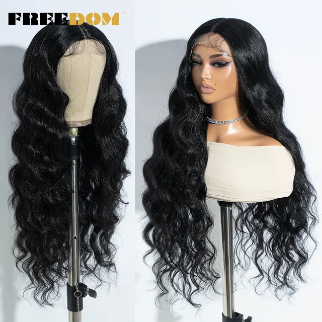 FREEDOM Body Wave Synthetic Lace Front Wigs For Women 32 inch Honey Brown Ombre Grey White Lace Wig Synthetic Cosplay Wigs