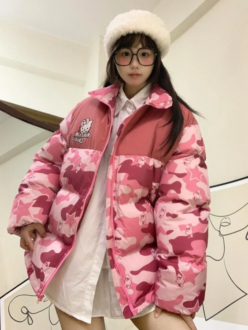 Miniso Plus Size Hello Kitty Winter Coat Women American Retro Loose Mixes Camouflage Zipper Bread Jacket Couple Cotton Clothes