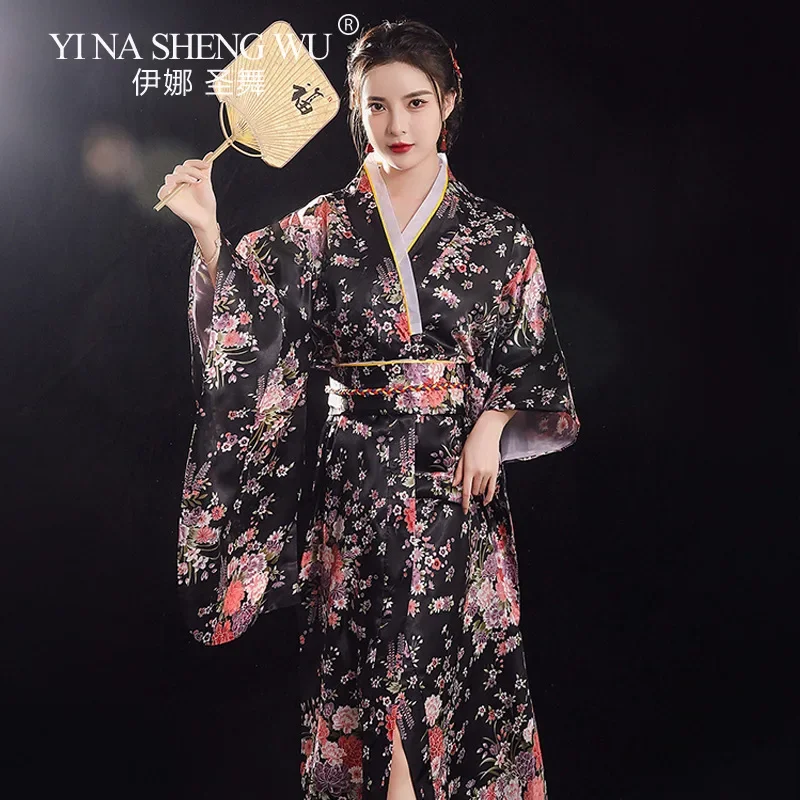 New Japanese kimono Women Sexy Kimono Yukata With Obi Novelty Traditional Japanese Cosplay Costume Satin Floral Robe One Size