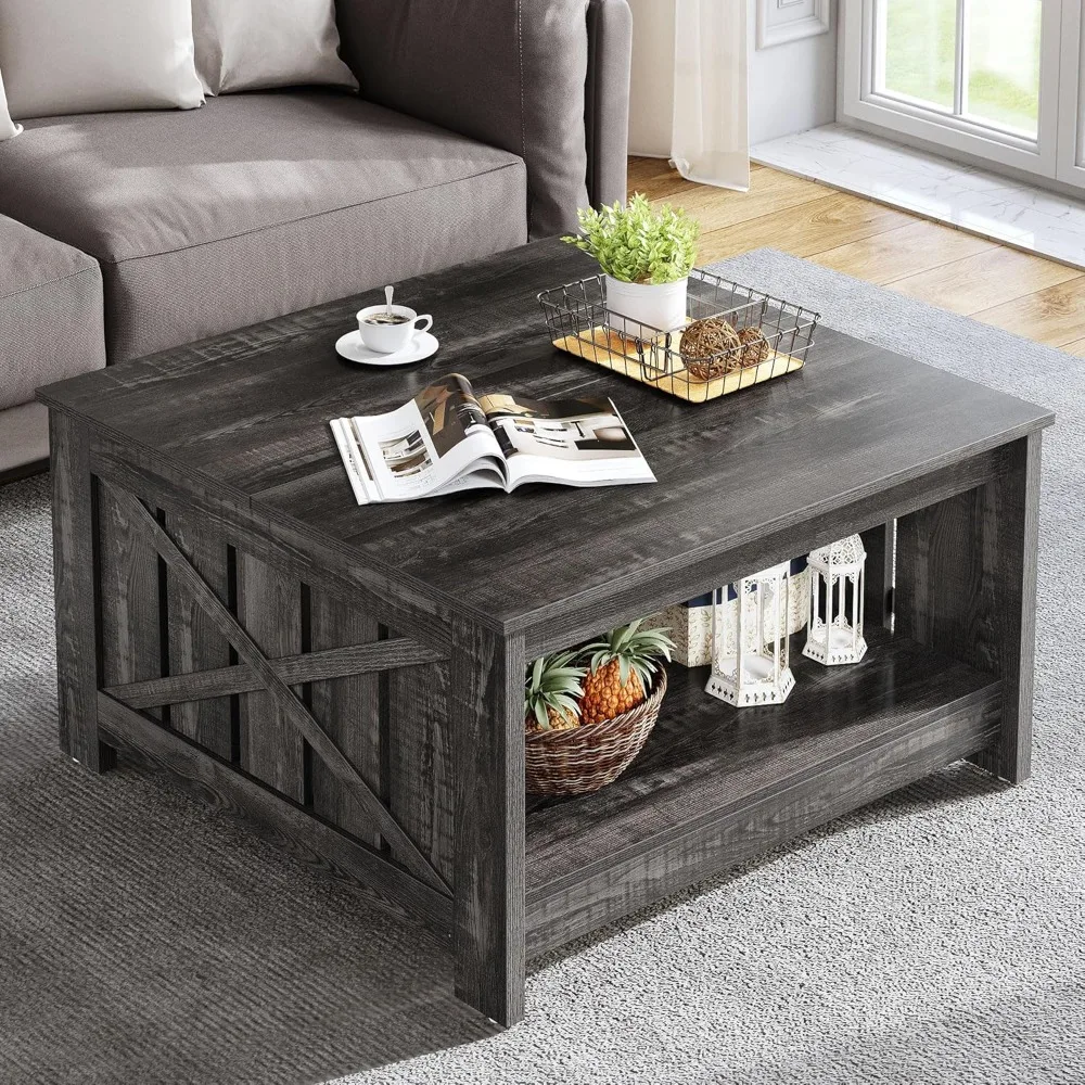 

Coffee Table Farmhouse, Square Coffee Table with Semi Open Storage Compartment, Dark Country Style Oak