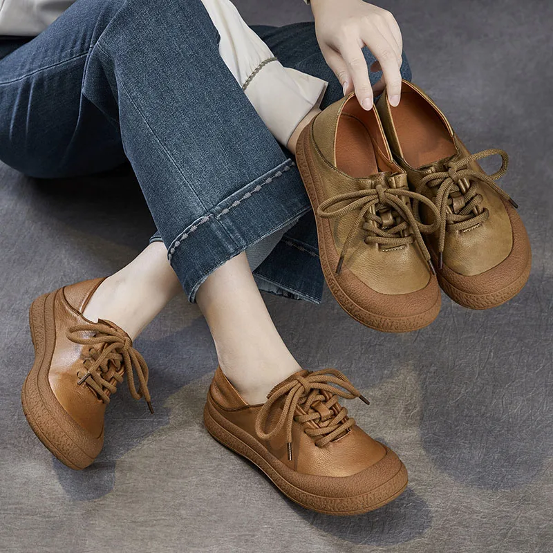 XMWRLW 2026 Autumn Genuine Leather Women Flat Shoes Retro Style Handmade Shoes Ladies Autumn Shoe Rubber Sole Non Slip Flat Shoe