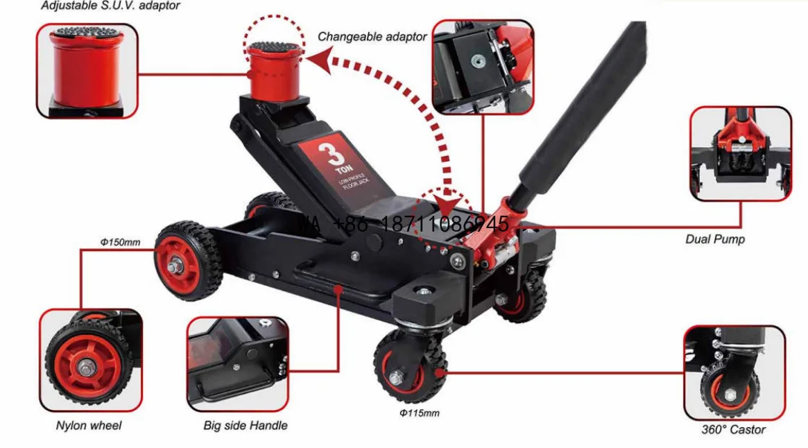 

Гидравлический домкрат горизонтального типа на 3 тонны с одинарным/двойным насосом и большими колесами для бездорожья