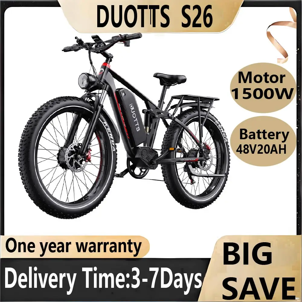 Vélo électrique DUOTTS S26 1500w, double moteur, batterie 48V20AH, vélo électrique tout-terrain, amortisseurs hydrauliques, pneus larges 26*4.0