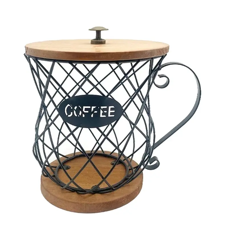 

【RECOMENDAR】Металлический держатель для капсул для кофе на столешнице-для дома и офиса-большие проволочные корзины с деревянным основанием для хранения кофейных кружек