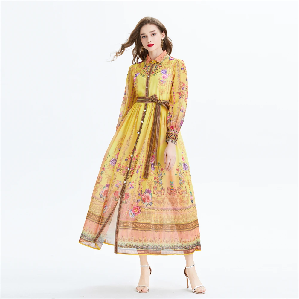 Original Design 2024 Court Sle Long Sve Midi Dr Two Piece Set Printed Chiffon Waist Cinched Maxi Skirt  Knot