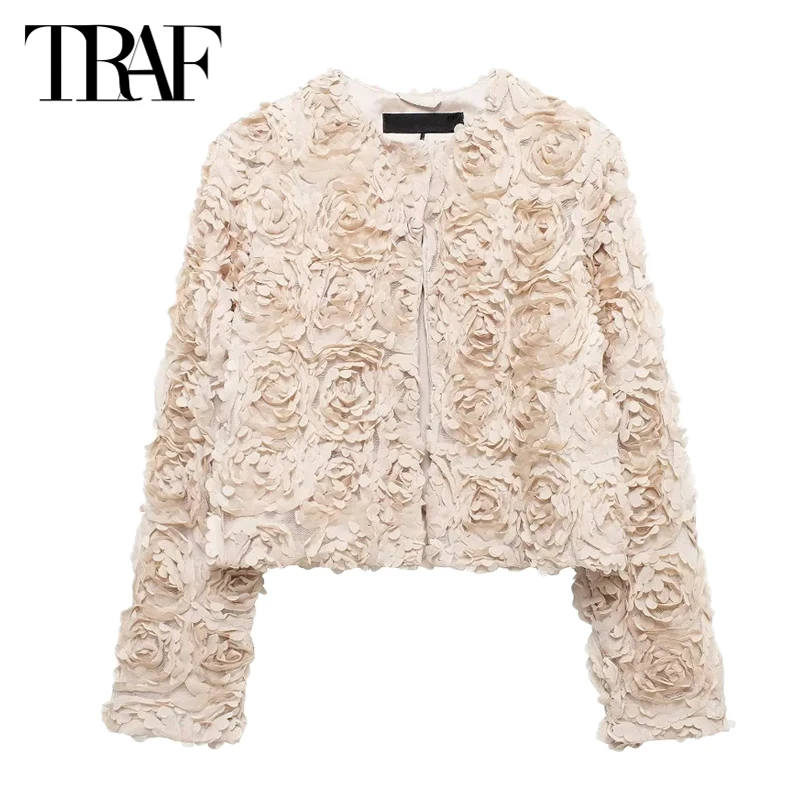 TRAF Outerwears Women 2024 Summer Floral Cropped Jackets Coats Ladies Fashion Long Sleeve Elegant Vintage Champagne Short Coats