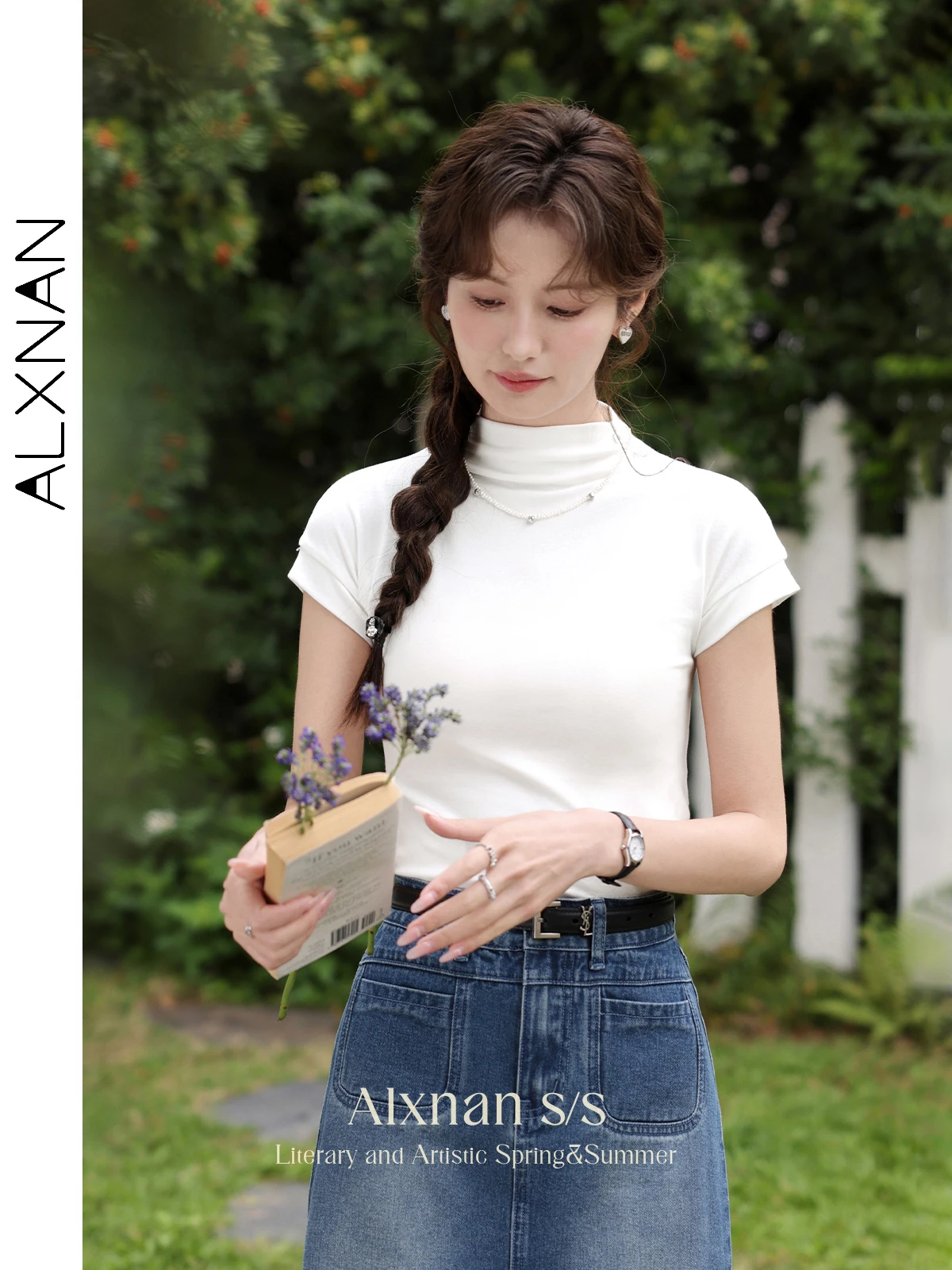 ALXNAN Women Simple Fitted White T Shirts Women Short Sleeve Summer Tops 2024 Buttons Half Turtleneck Basics Tees Clothes L33967