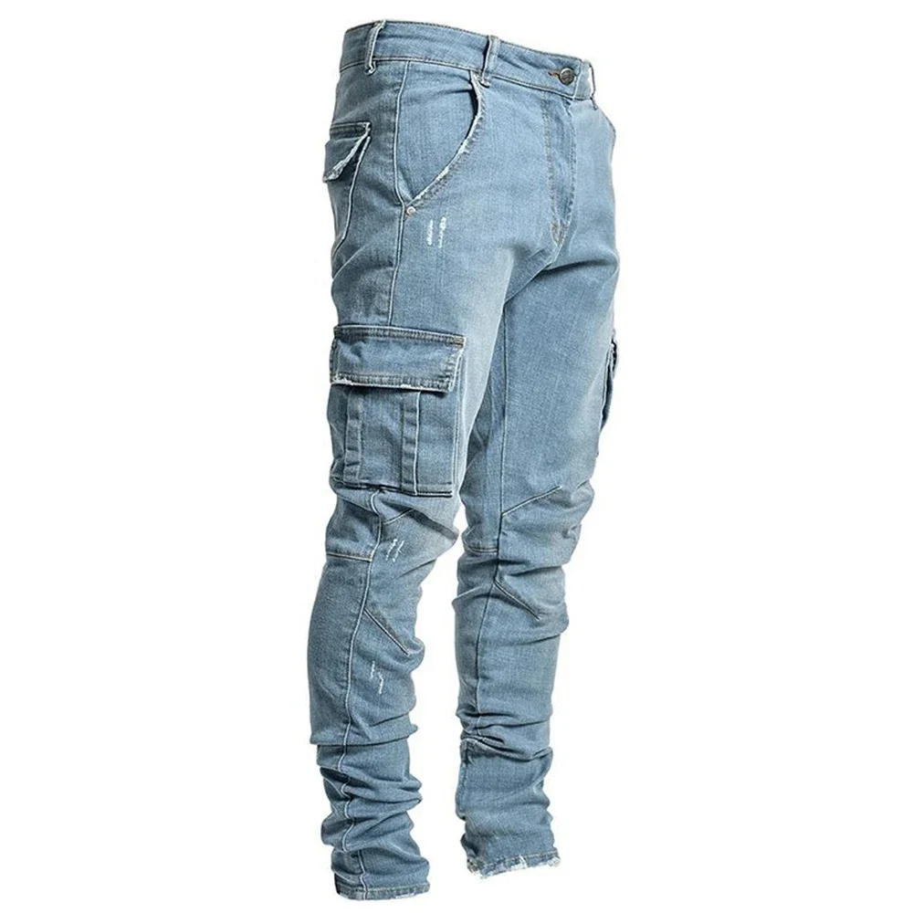 

Pop Fashion Streetwear Ripped Skinny Jeans Men Side Mulit Pockets Denim Cargo Pants Slim Fit Pantalones Hombre Soft Elastic Jogg