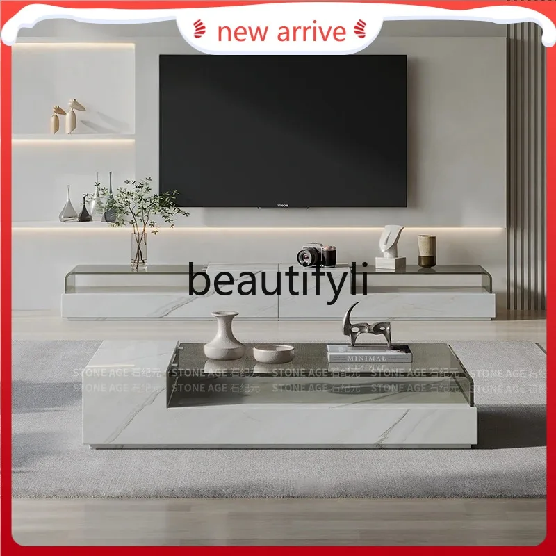 

D2520 Minimal light luxury natural marble small coffee table TV cabinet combination floor cabinet low cabinet double glass