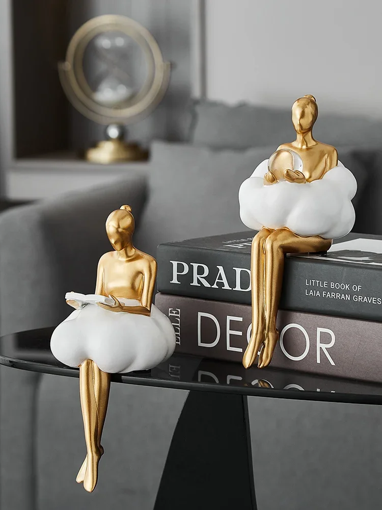 Sitting ballet girl art Golden sculpture Sitting posture ornament home accessories Statuettes Figurines office decor Statues