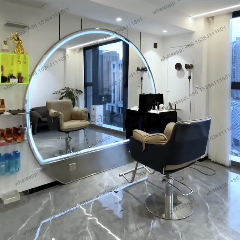 Big round mirror trendy barber shop hair salon VIP private room hair salon special mirror table LED hanging on the wall