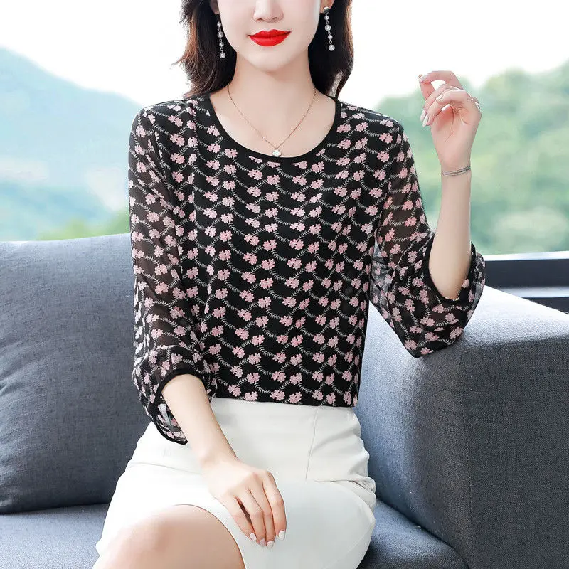 Geometric Printing Round Neck Chiffon Pullover Long Sleeve Women's Clothing Loose Spring Summer T-shirt Casual Elegant Tops