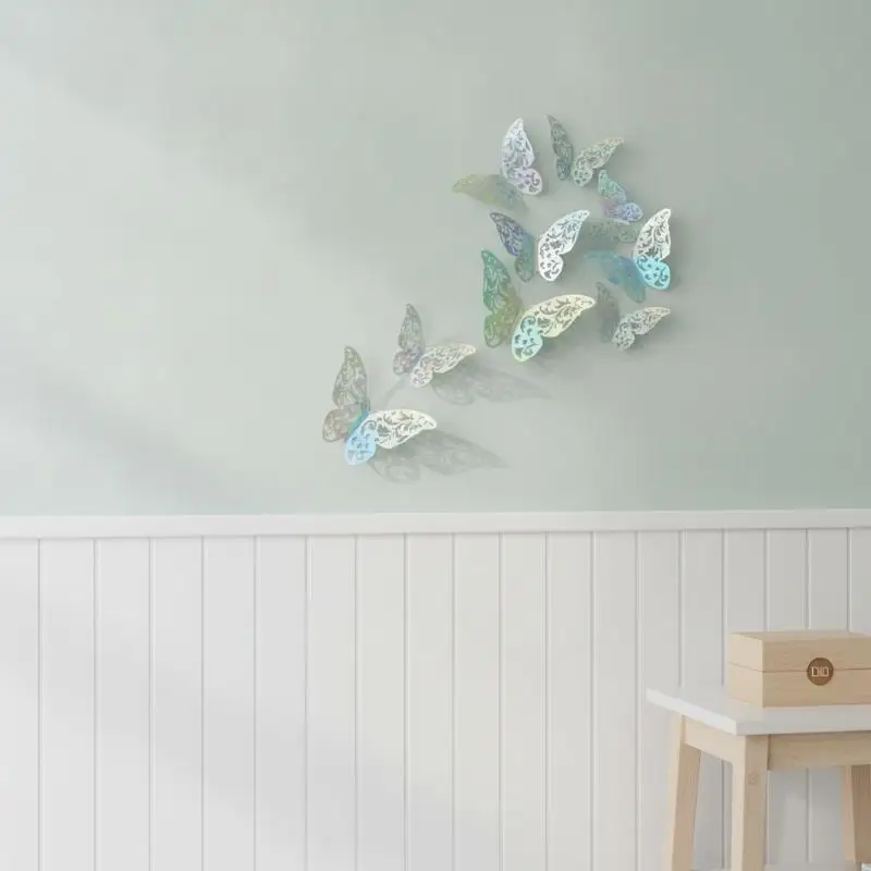 12 Stück Holographische 3D-Schmetterlings-Wandaufkleber, Hohl Geschnitzte Irisierend Glänzende Sticker für Heimdekoration, Kinderzimmer, Hochzeit, Party – Detail 13