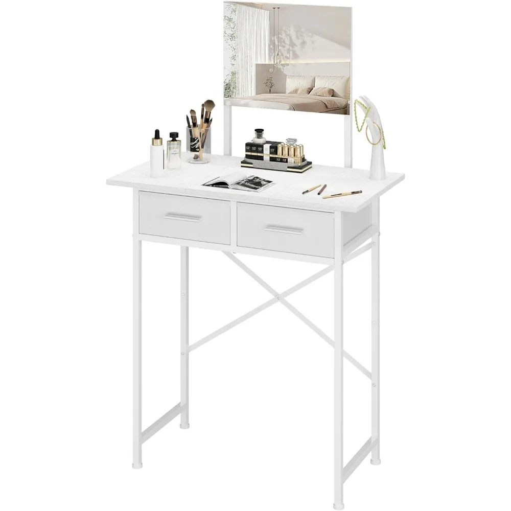 Small Vanity Desk with Mirror and Drawers White Makeup Vanity Table with Storage, Compact Vanity for Bedroom, Modern Makeup Desk
