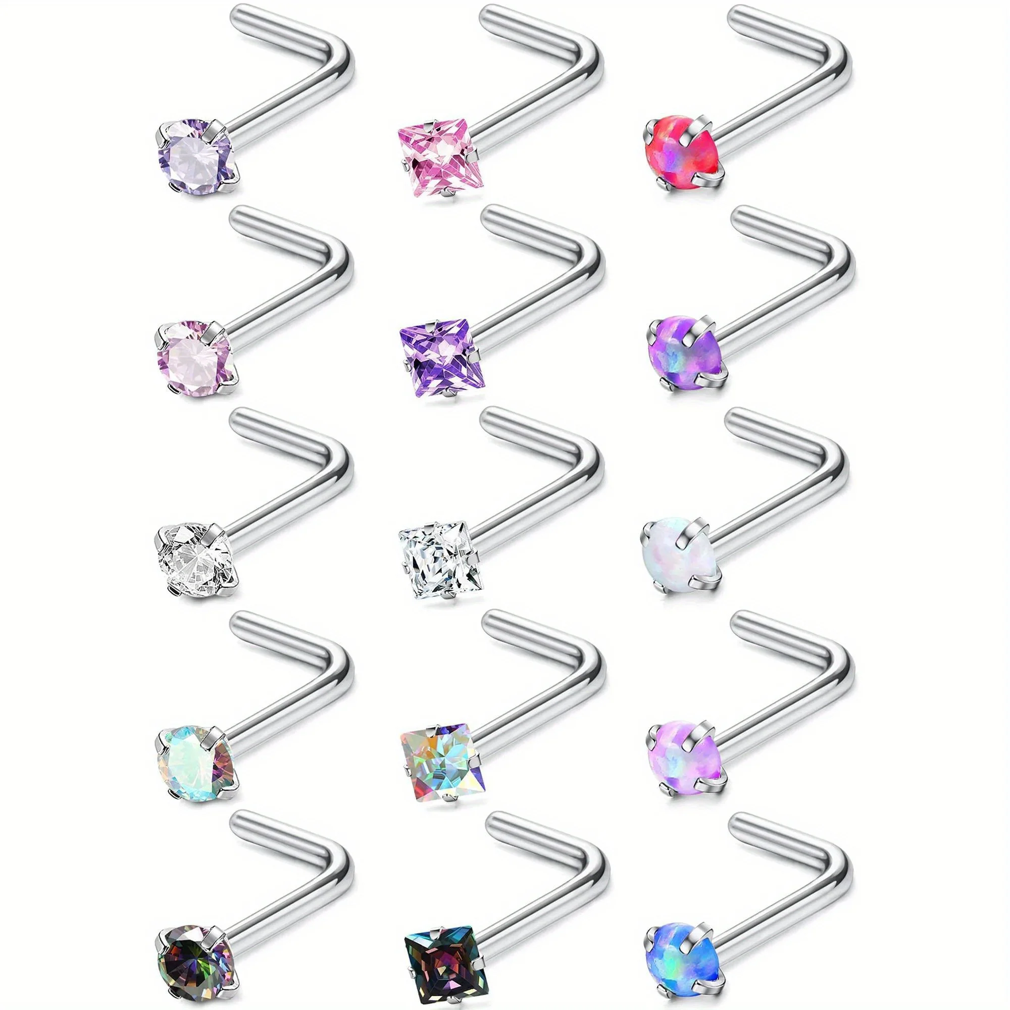 IRONBOX 1Pc Surgical Stainless Steel Hypoallergenic Nose Rings Nose Studs L Shaped CZ Labret Lip Nose Piercing Jewelry for Women